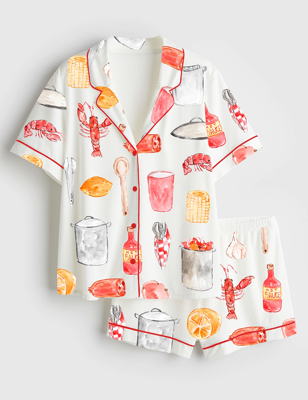 Womenâ€™s Crawfish Boil Watercolor Summer Seafood Print Short Sleeve Satin Pajama Set