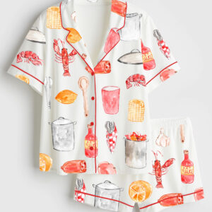 Women's Crawfish Boil Watercolor Summer Seafood Print Short Sleeve Satin Pajama Set