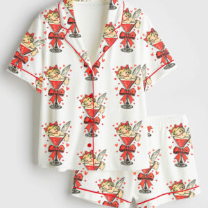 Women's Cupid Bring Espresso Martini Valentines Short Sleeve Satin Pajama Set