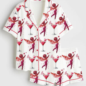 Women's Cupid Valentine Day Cocktail Club Social Club Girls Club Short Sleeve Satin Pajama Set
