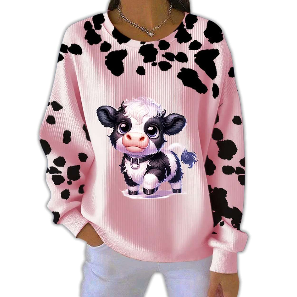 Women'S Cute Animal Cow Print Pit Striped Sweatshirt - Image 3