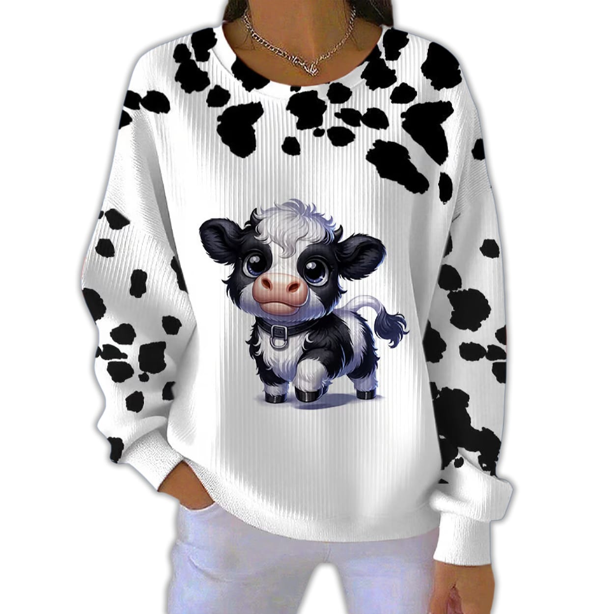 Women'S Cute Animal Cow Print Pit Striped Sweatshirt