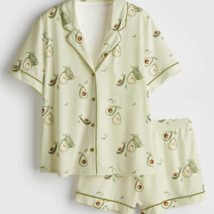 Womenâ€™s Cute Avocado Fruit Short Sleeve Satin Pajama Set