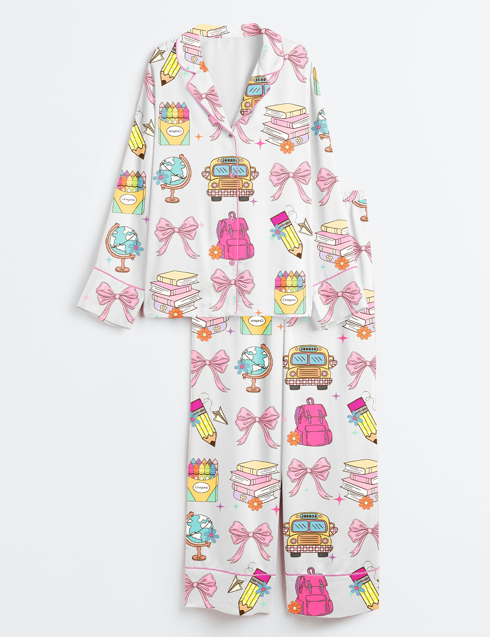 Womenâ€™s Cute Back To School Girls Coquette Pencil School Bag And Books Print Long Sleeve Satin Pajama Set