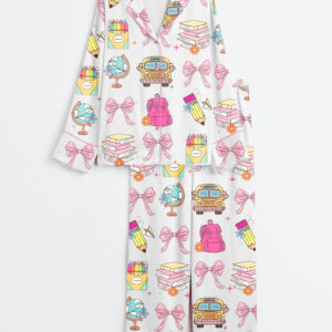 Women's Cute Back To School Girls Coquette Pencil School Bag And Books Print Long Sleeve Satin Pajamas Set