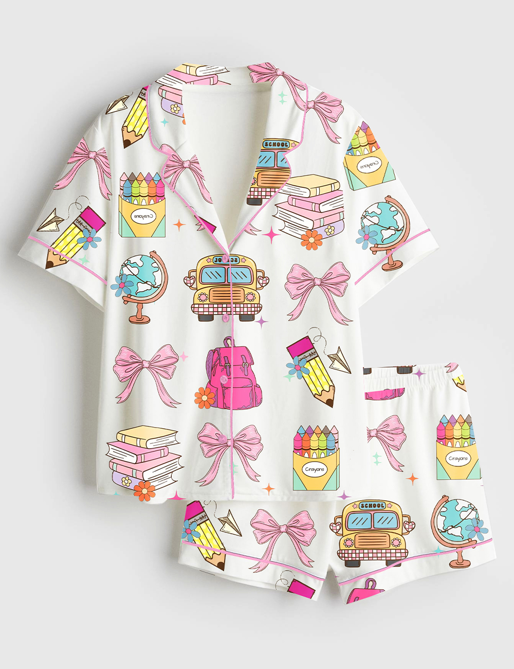 Womenâ€™s Cute Back To School Girls Coquette Pencil School Bag And Books Print Short Sleeve Satin Pajama Set