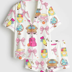 Women's Cute Back To School Girls Coquette Pencil School Bag And Books Print Short Sleeve Satin Pajama Set
