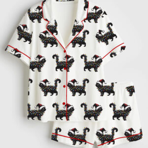 Women's Cute Cat Christmas Cat Mom Holiday Cat Lover Short Sleeve Satin Pajama Set