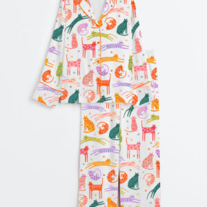 Women's Cute Cat Long Sleeve Satin Pajama Set