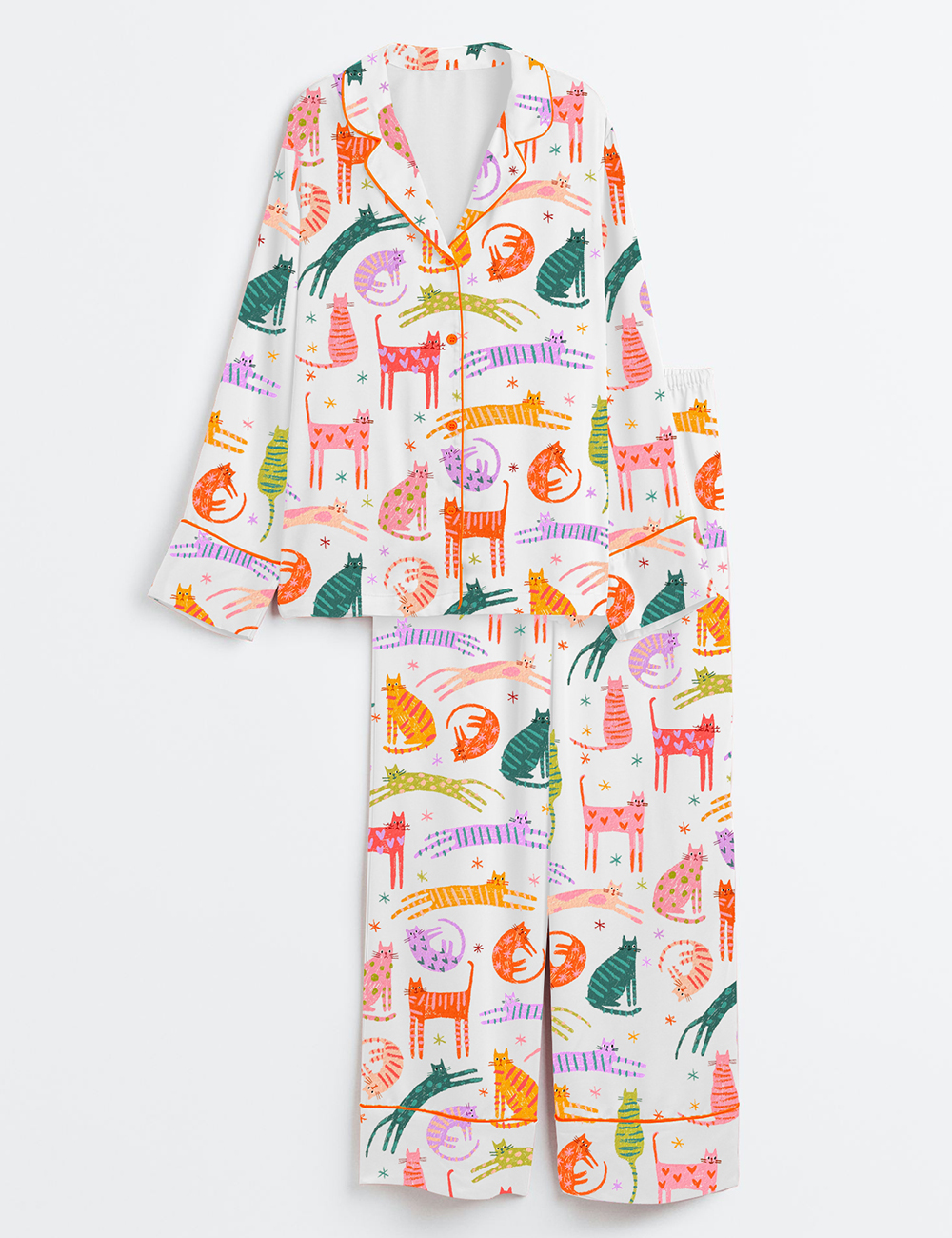 Women's Cute Cat Long Sleeve Satin Pajama Set