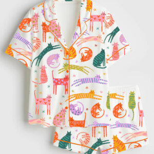 Women's Cute Cat Short Sleeve Satin Pajama Set
