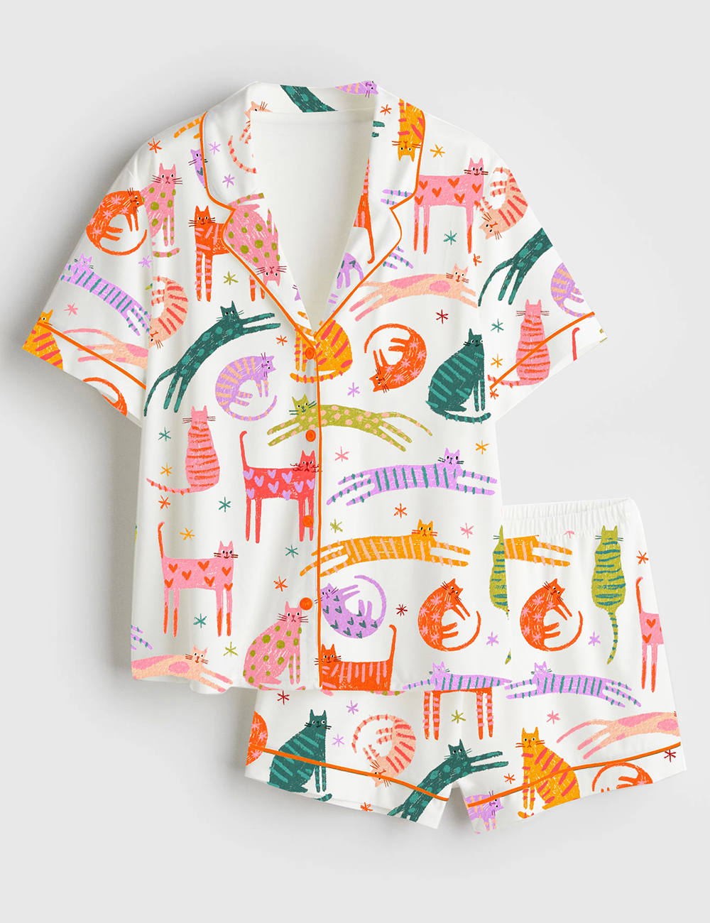 Women's Cute Cat Short Sleeve Satin Pajama Set