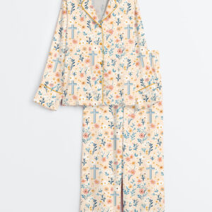 Womenâ€™s Cute Christian Cross Background Pattern Long Sleeve Satin Pajama Set