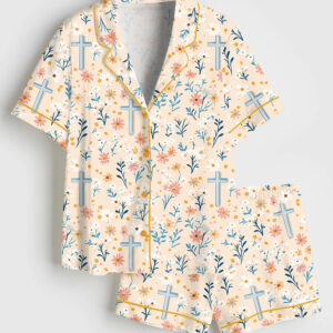 Women's Cute Christian Cross Background Pattern Short Sleeve Satin Pajama Set