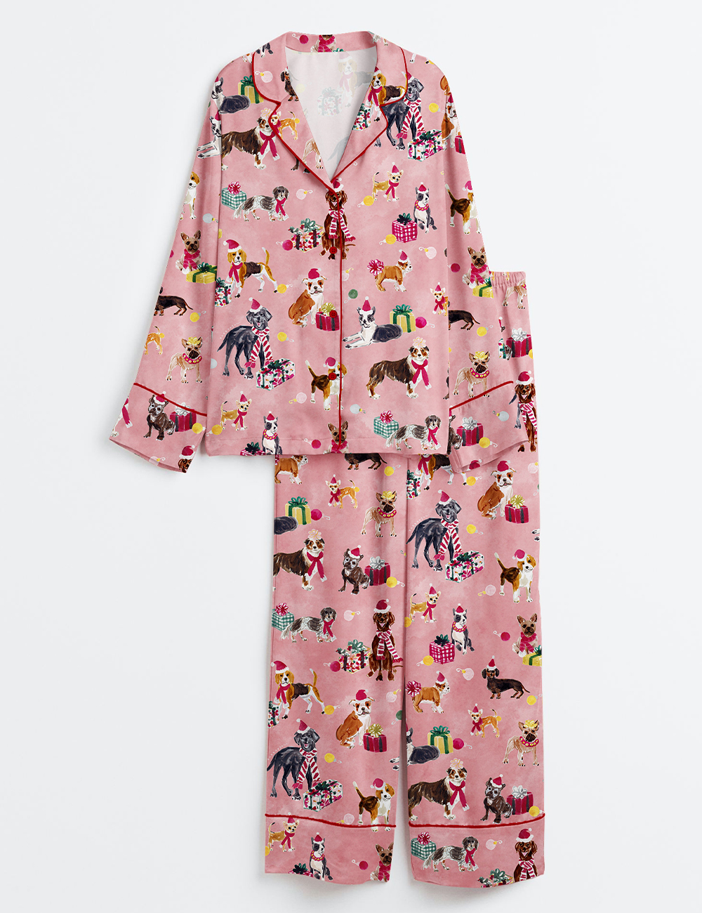 Women's Cute Christmas Pups Dog Lover Long Sleeve Satin Pajamas Set