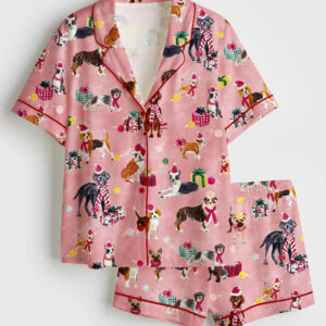 Women's Cute Christmas Pups Dog Lover Short Sleeve Satin Pajama Set
