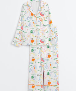 Women's Cute Dog Illustration Long Sleeve Satin Pajama Set