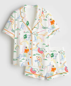 Women's Cute Dog Illustration Short Sleeve Satin Pajama Set