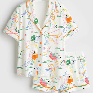 Womenâ€™s Cute Dog Illustration Short Sleeve Satin Pajama Set