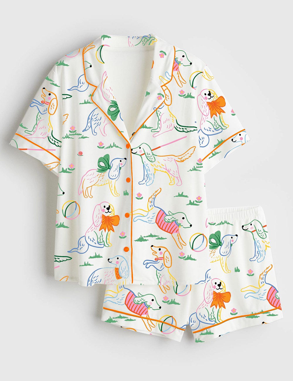 Womenâ€™s Cute Dog Illustration Short Sleeve Satin Pajama Set