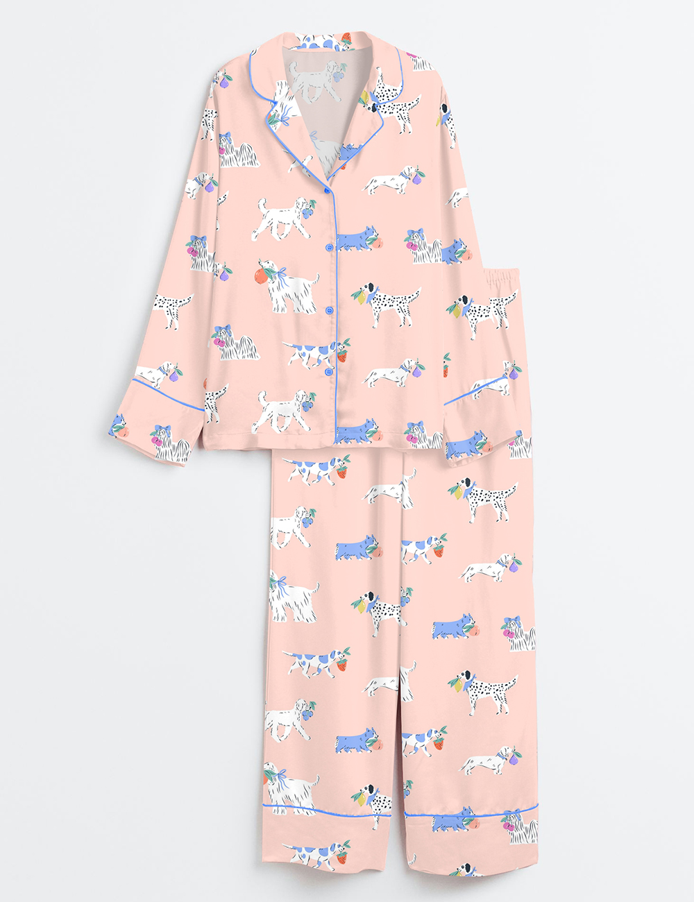 Womenâ€™s Cute Dogs Fruit Art Long Sleeve Satin Pajama Set