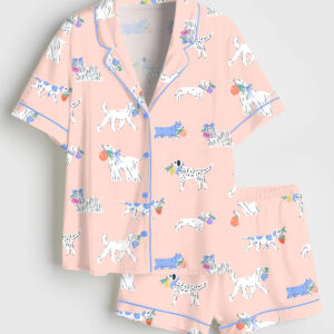 Women's Cute Dogs Fruit Art Short Sleeve Satin Pajama Set