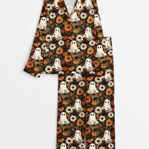 Womenâ€™s Cute Ghosts And Pumpkins Halloween Long Sleeve Satin Pajama Set