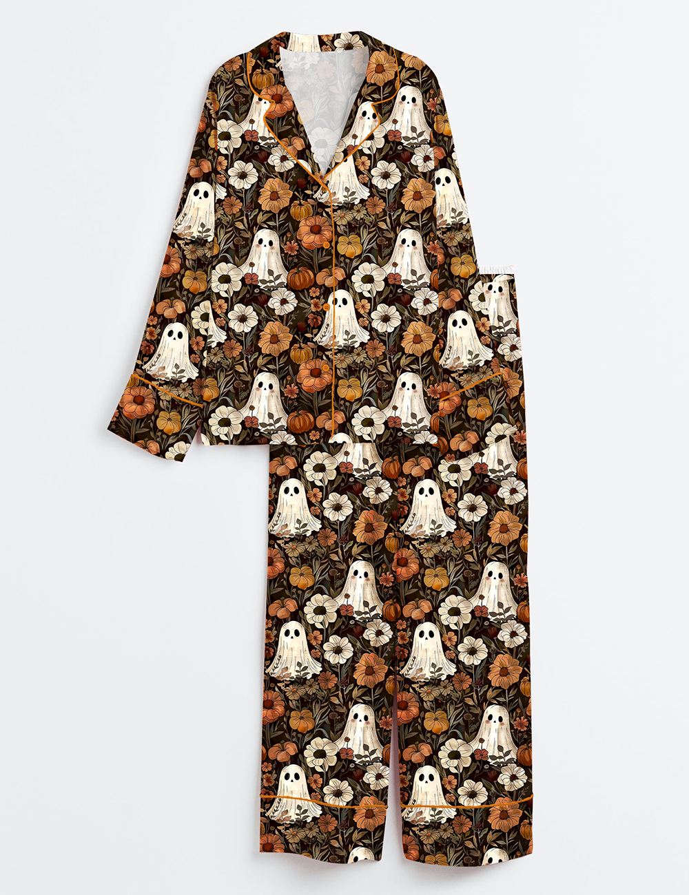 Womenâ€™s Cute Ghosts And Pumpkins Halloween Long Sleeve Satin Pajama Set