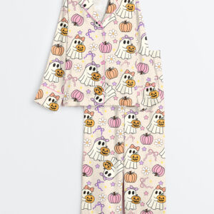 Women's Cute Ghosts And Pumpkins Halloween Long Sleeve Satin Pajama Set
