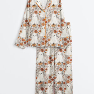 Womenâ€™s Cute Ghosts And Pumpkins Halloween Long Sleeve Satin Pajama Set