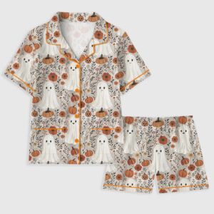 Women's Cute Ghosts And Pumpkins Halloween Short Sleeve Pocket Cotton Pajama Set