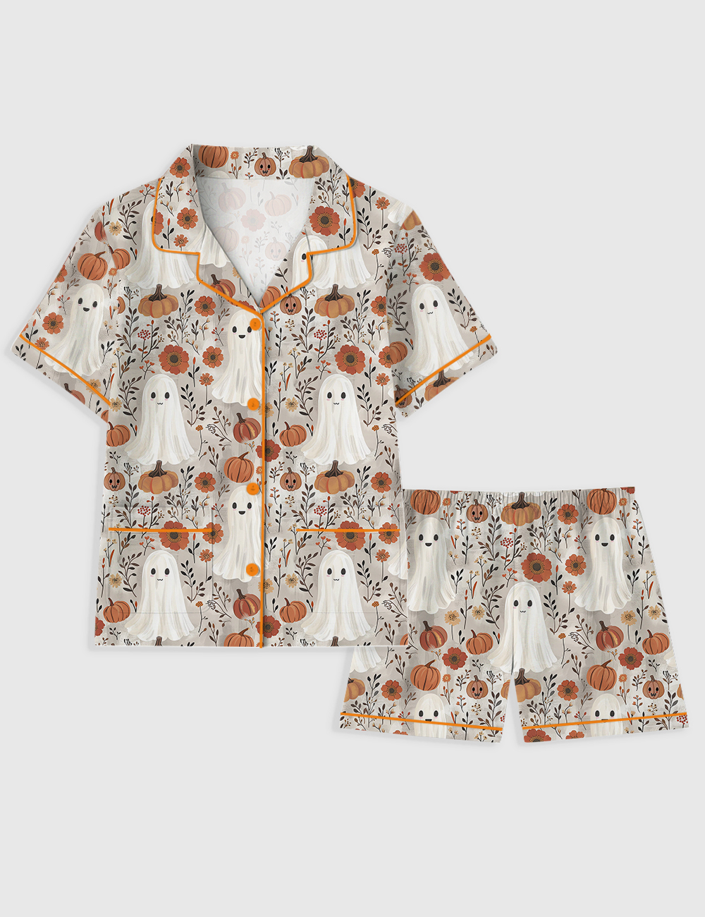 Women's Cute Ghosts And Pumpkins Halloween Short Sleeve Pocket Cotton Pajama Set