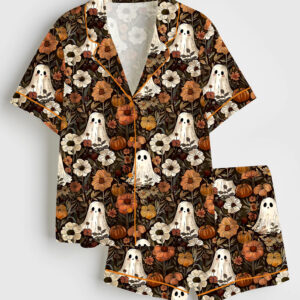 Womenâ€™s Cute Ghosts And Pumpkins Halloween Short Sleeve Satin Pajama Set