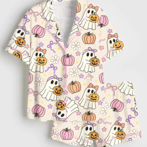 Women's Cute Ghosts And Pumpkins Halloween Short Sleeve Satin Pajamas Set