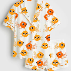 Women's Cute Goldfish Short Sleeve Satin Pajama Set