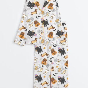 Womenâ€™s Cute Halloween Dogs Spooky Halloween Pumpkin Just A Spooky Paw Print Long Sleeve Satin Pajama Set