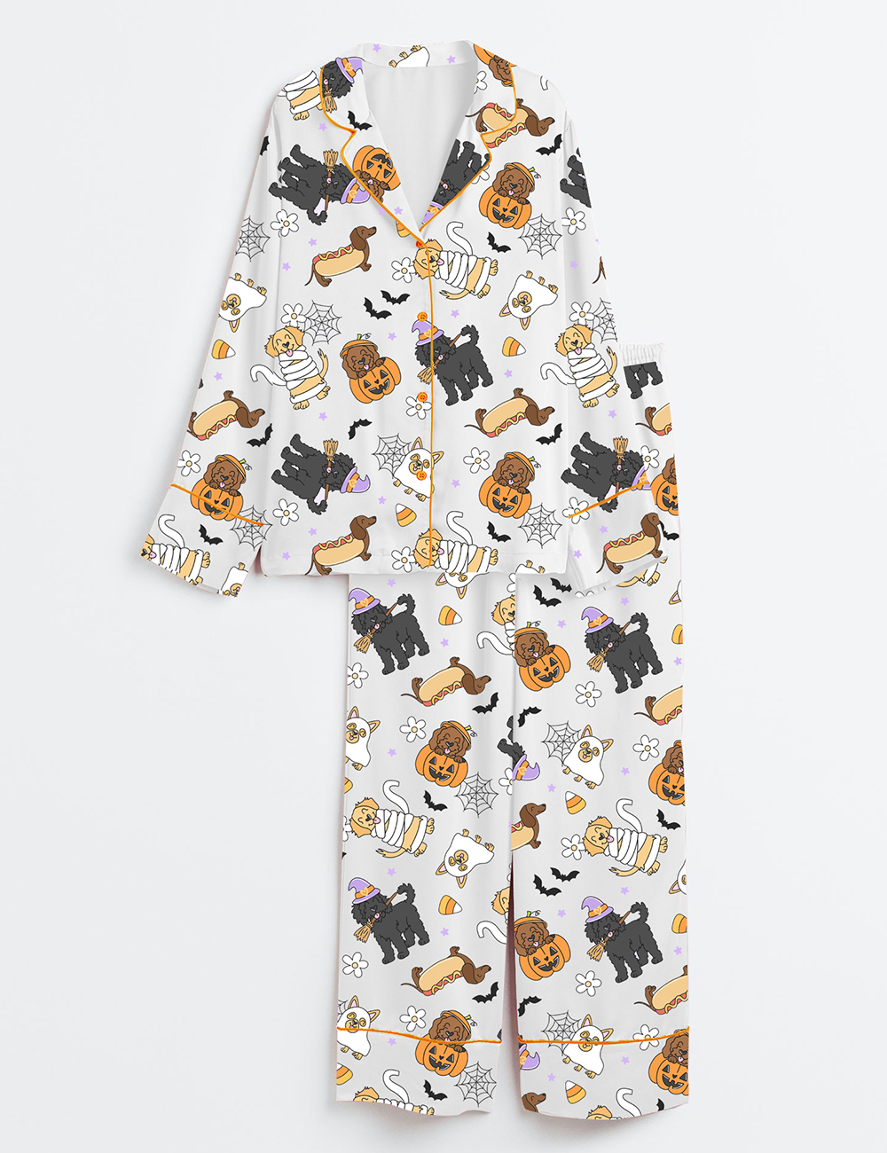 Women's Cute Halloween Dogs Spooky Halloween Pumpkin Just A Spooky Paw Print Long Sleeve Satin Pajama Set