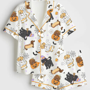 Women's Cute Halloween Dogs Spooky Halloween Pumpkin Just A Spooky Paw Print Short Sleeve Satin Pajama Set