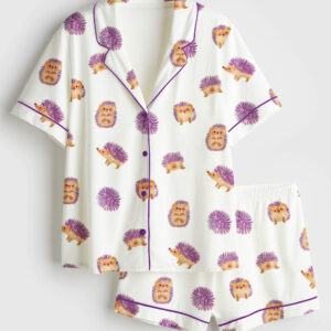 Women's Cute Hedgehog Short Sleeve Satin Pajamas Set