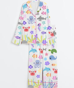 Women's Cute Ocean Sea Animals Starfish Whale Octopus Shark Fish Turtle Seaweed Print Long Sleeve Satin Pajama Set