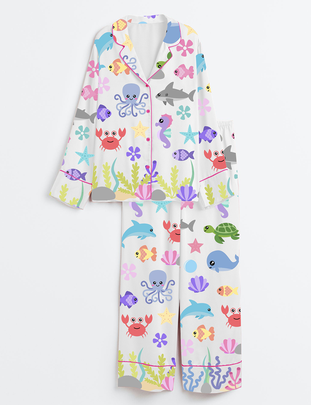 Womenâ€™s Cute Ocean Sea Animals Starfish Whale Octopus Shark Fish Turtle Seaweed Print Long Sleeve Satin Pajama Set