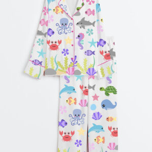 Women's Cute Ocean Sea Animals Starfish Whale Octopus Shark Fish Turtle Seaweed Print Long Sleeve Satin Pajama Set