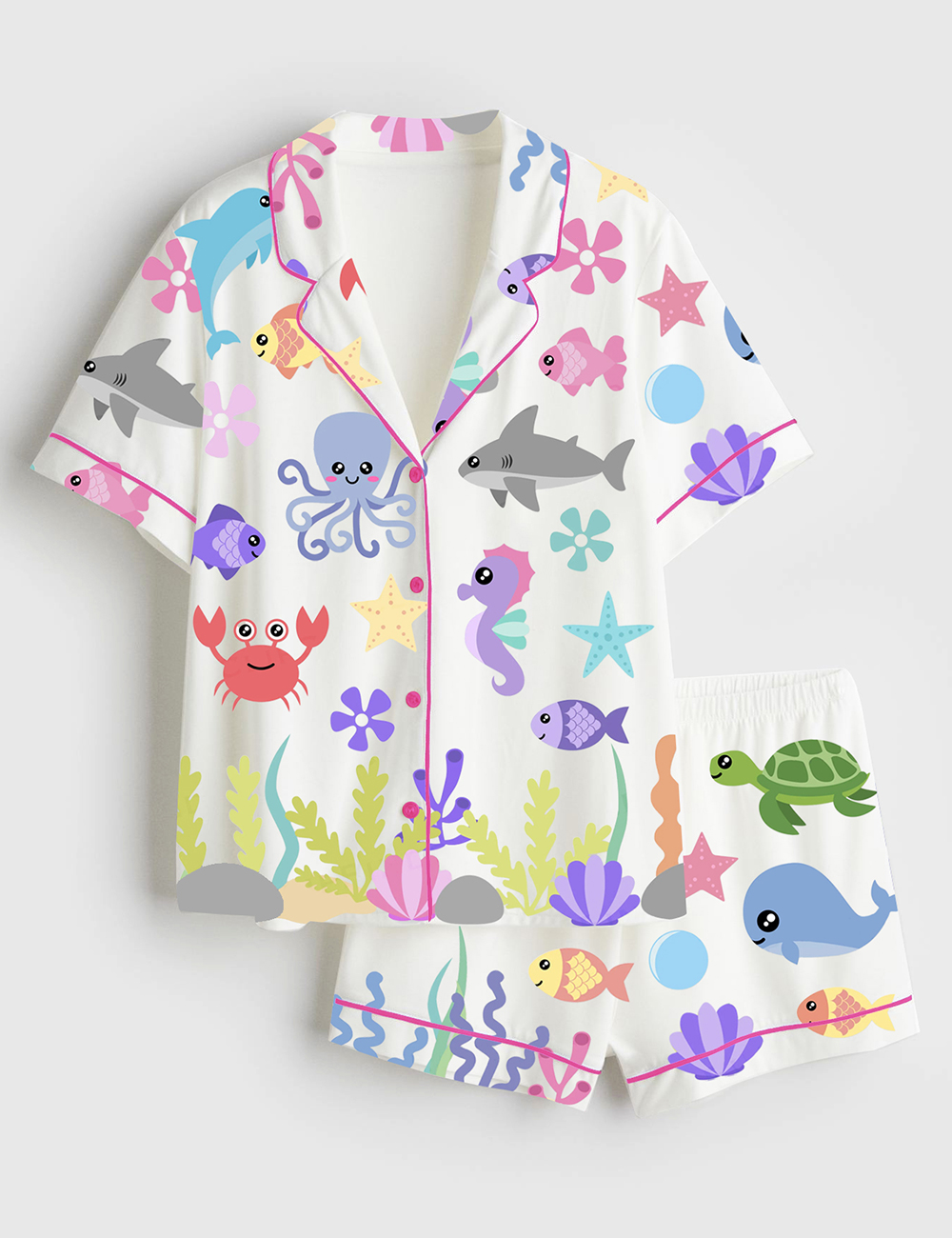 Womenâ€™s Cute Ocean Sea Animals Starfish Whale Octopus Shark Fish Turtle Seaweed Print Short Sleeve Satin Pajama Set