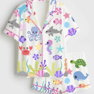 Women's Cute Ocean Sea Animals Starfish Whale Octopus Shark Fish Turtle Seaweed Print Short Sleeve Satin Pajama Set