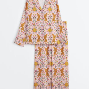 Women's Cute Pink Tiger Chinoiserie Floral Art Print Long Sleeve Satin Pajama Set