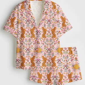 Women's Cute Pink Tiger Chinoiserie Floral Art Print Short Sleeve Satin Pajama Set