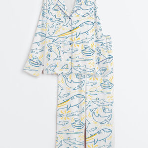 Womenâ€™s Cute Smiley Shark Sea Animal Long Sleeve Satin Pajama Set