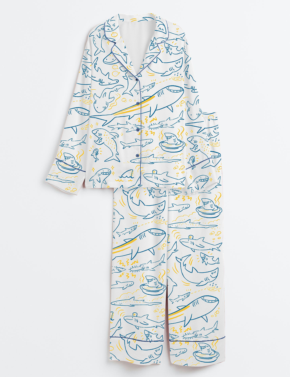 Women's Cute Smiley Shark Sea Animal Long Sleeve Satin Pajamas Set