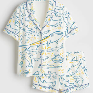 Womenâ€™s Cute Smiley Shark Sea Animal Short Sleeve Satin Pajama Set