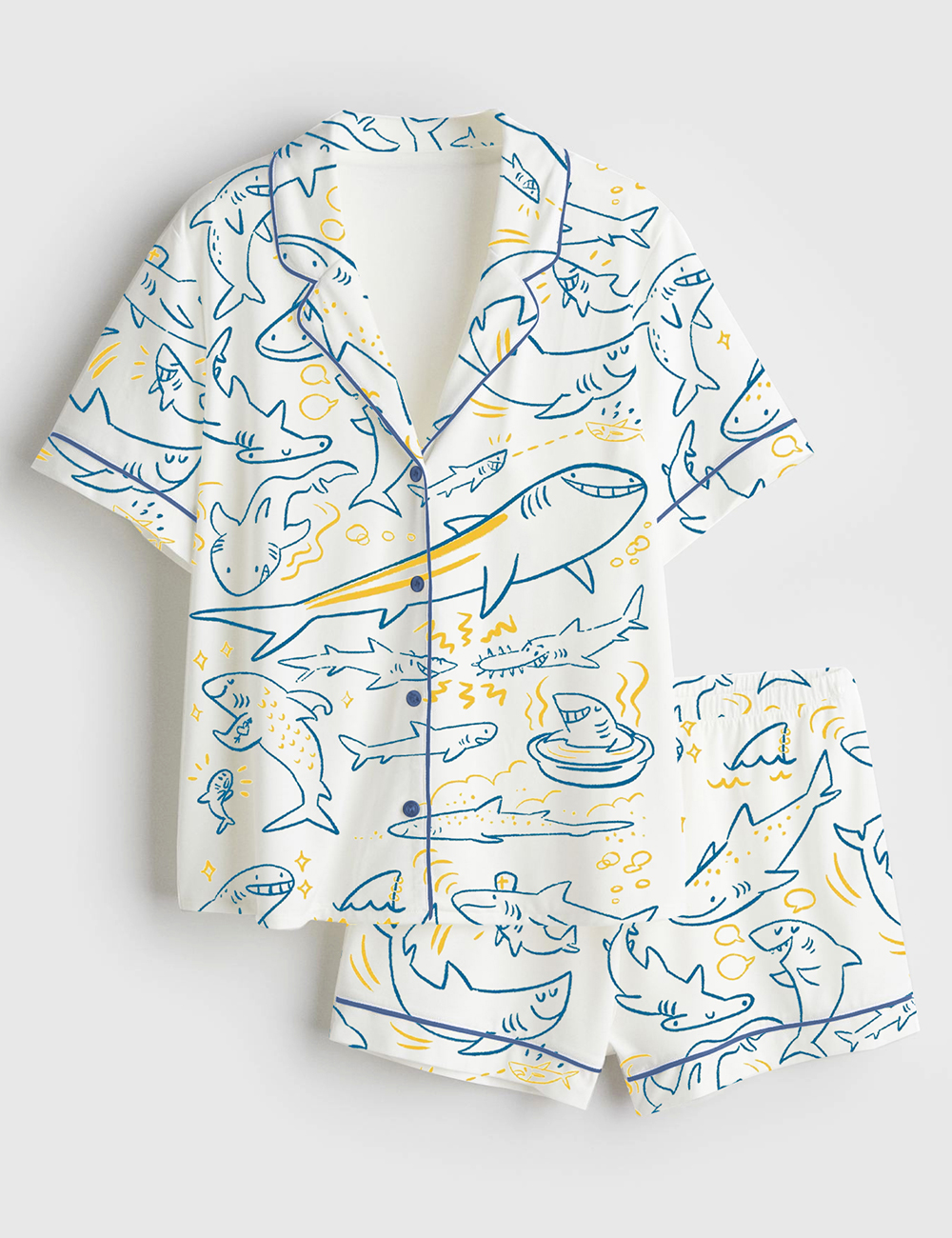 Women's Cute Smiley Shark Sea Animal Short Sleeve Satin Pajama Set